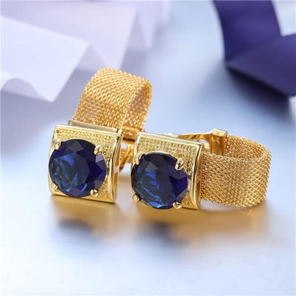 Mens Cufflinks with Chain - Stone and Shiny Gold Tone Shirt Accessories - Picture 5 of 7